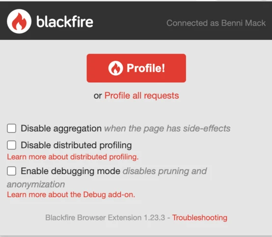 Blackfire browser extension interface displaying options to manage profiling settings, including disabling aggregation and distributed profiling, and enabling debugging mode. The user is connected as "Benni Mack."