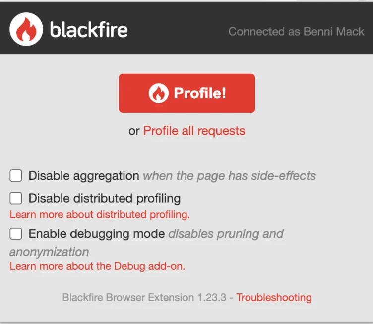 Blackfire browser extension interface displaying options to manage profiling settings, including disabling aggregation and distributed profiling, and enabling debugging mode. The user is connected as "Benni Mack."
