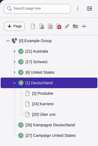 A TYPO3 page tree with several root pages side by side — Germany, the United States and Australia — one of them expanded to show its pages.