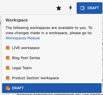 Screenshot showing a selection box to switch between different workspaces