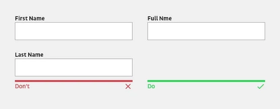 Form fields for entering personal information, including "First Name," "Last Name," and "Full Name." A red "Don't" with a cross indicates an error, while a green "Do" with a checkmark signifies correct input.