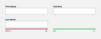 Form fields for entering personal information, including "First Name," "Last Name," and "Full Name." A red "Don't" with a cross indicates an error, while a green "Do" with a checkmark signifies correct input.