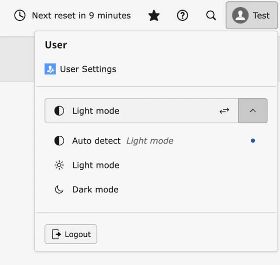 Benutzereinstellungsmenü mit Optionen für den Hellmodus, den Dunkelmodus und die automatische Erkennung, sowie einem Abmelde-Button.