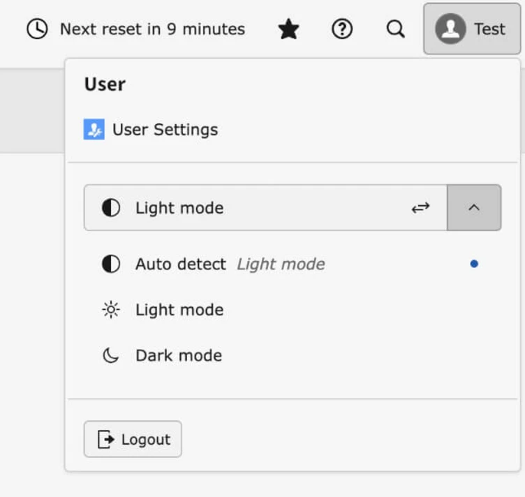 Benutzereinstellungsmenü mit Optionen für den Hellmodus, den Dunkelmodus und die automatische Erkennung, sowie einem Abmelde-Button.