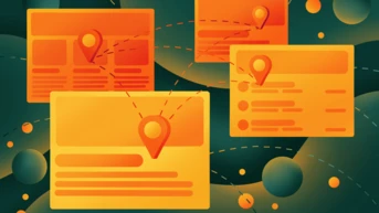 Four stylized interface panels in shades of orange, each featuring a location pin icon, are interconnected by dashed lines against a green background with abstract shapes.