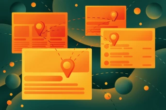 Four stylized interface panels in shades of orange, each featuring a location pin icon, are interconnected by dashed lines against a green background with abstract shapes.