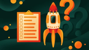 A stylized rocket is positioned next to a clipboard with a checklist, accompanied by a question mark. The background features abstract shapes and colors, creating a dynamic visual theme.