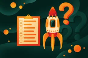Ein stilisierter Rakete steht neben einem Clipboard mit einer Checkliste, begleitet von einem Fragezeichen. Der Hintergrund zeigt abstrakte Formen und Farben, die ein dynamisches visuelles Thema schaffen.