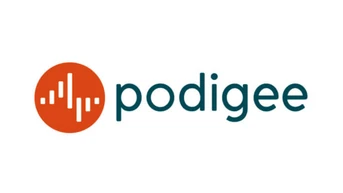 Logo featuring a circular orange icon with vertical bars representing sound waves, accompanied by the text "podigee" in teal.