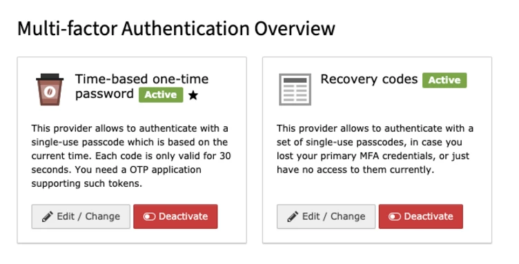 Active providers in the MFA configuration module