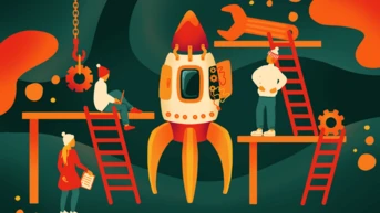 A colorful illustration featuring a rocket being constructed by four individuals. Two are on ladders, one is seated with a tablet, and another stands with a wrench. Various tools and gears are present in the scene.
