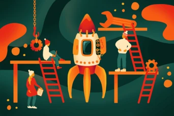 A colorful illustration featuring a rocket being constructed by four individuals. Two are on ladders, one is seated with a tablet, and another stands with a wrench. Various tools and gears are present in the scene.