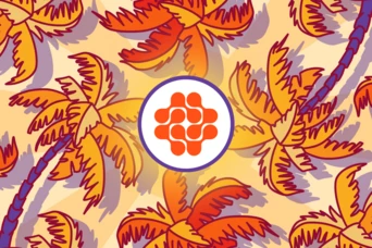 Colorful palm leaves surround a central circular logo featuring a stylized design in orange and white, set against a light background.