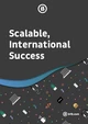 Text on a dark background reads "Scalable, International Success," accompanied by a colorful pattern of various icons, including laptops, coffee cups, and plants. The logo "b13.com" is also present.