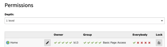 Table displaying permissions settings, including columns for Owner, Group, Everybody, and Lock status. The "Home" entry shows various access levels indicated by checkmarks and crosses.