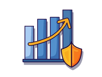 Bar graph with increasing values and an upward arrow, accompanied by a shield symbol, representing growth and security.