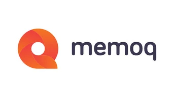 Logo featuring a stylized orange and white swirl design alongside the word "memoq" in dark gray text.