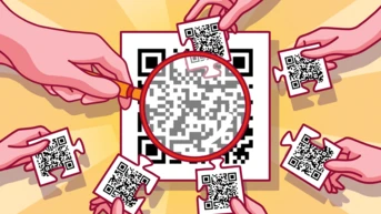 Hände, die Puzzlestücke mit QR-Codes halten, umgeben einen großen QR-Code unter einer Lupe, was auf eine kollaborative Aktivität hindeutet.