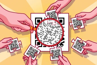 Hands holding puzzle pieces with QR codes surround a large QR code under a magnifying glass, suggesting a collaborative activity.