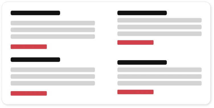 Four sections of text are displayed in varying shades of gray, black, and red. Each section contains horizontal lines of text, with some lines highlighted in red for emphasis.