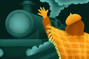A person wearing a beret and a fringed poncho waves goodbye to a steam train, surrounded by stylized smoke and a dark background.