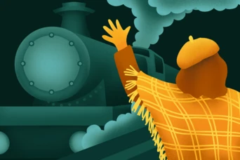 A person wearing a beret and a fringed poncho waves goodbye to a steam train, surrounded by stylized smoke and a dark background.
