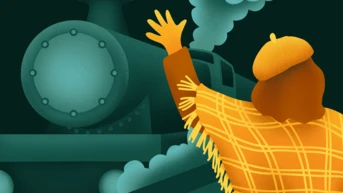 A person wearing a beret and a fringed poncho waves goodbye to a steam train, surrounded by stylized smoke and a dark background.