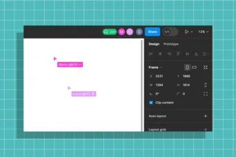 Two text boxes labeled "Marco @813" and "Laura @813" are displayed on a design interface, with options for joining, sharing, and layout settings visible on the side. The background features a grid pattern.