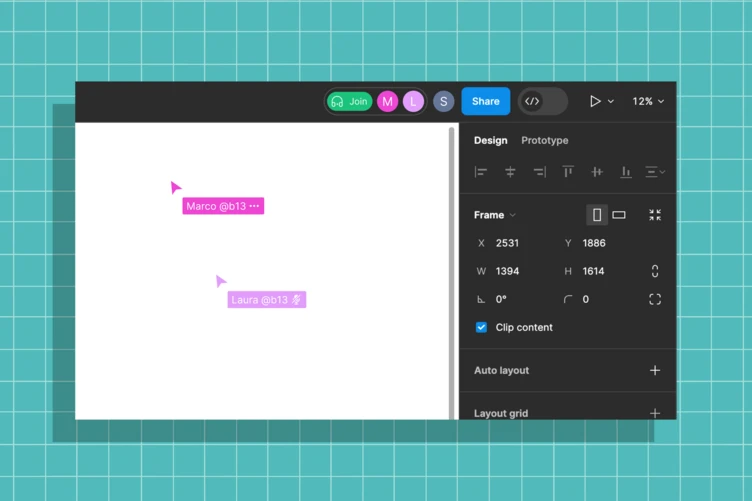 Two text boxes labeled "Marco @813" and "Laura @813" are displayed on a design interface, with options for joining, sharing, and layout settings visible on the side. The background features a grid pattern.