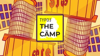 Grafik mit dem Text "TYPO3 THE CAMP" in fetter Schrift, umgeben von stilisierten Illustrationen von Gebäuden und einer Umrisskarte.