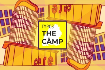 Graphic featuring the text "TYPO3 THE CAMP" in a bold font, surrounded by stylized illustrations of buildings and a map outline.