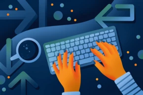 Hands typing on a keyboard with a cup of coffee nearby, set against a dark background featuring abstract arrows and circles.