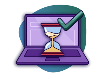 A laptop screen displays an hourglass icon with a checkmark, symbolizing completion or success in a task.