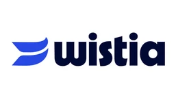 Blue and black logo featuring the word "wistia" with a stylized graphic element resembling a wave or swoosh.