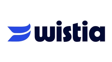 Blue and black logo featuring the word "wistia" with a stylized graphic element resembling a wave or swoosh.