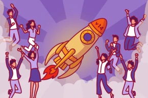 A rocket labeled "V14" launches into the sky, surrounded by a group of people celebrating with raised arms.