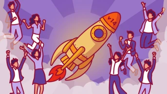 A rocket labeled "V14" launches into the sky, surrounded by a group of people celebrating with raised arms.