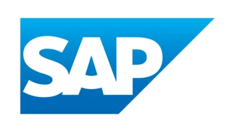 Blaues Logo mit den weißen Buchstaben "SAP" und einem dreieckigen Designelement, das nach rechts herausragt.