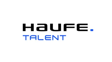 [Translate to Deutsch:] Logo featuring the text "HAUFE." in bold black letters and "TALENT" in blue, set against a white background.