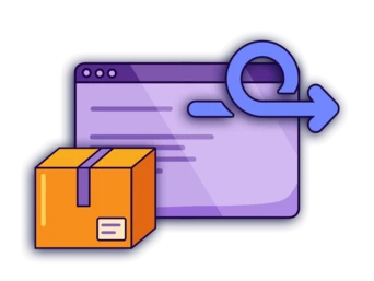 A computer screen displaying a return process with an orange package and a circular arrow symbol indicating a return action.