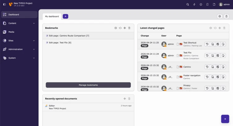 Dashboard interface displaying bookmarks, recently opened documents, and a list of latest changed pages with user details.
