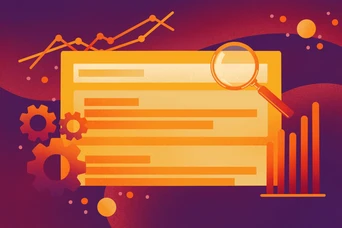 Ein stilisiertes Grafikdesign mit einer Lupe über einem Dokument, begleitet von Zahnrädern und Balkendiagrammen, vor einem Farbverlauf-Hintergrund. Das Design betont die Themen Analyse und Datenverarbeitung.