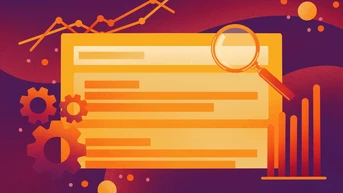 A stylized graphic featuring a magnifying glass over a document, accompanied by gears and bar graphs, set against a gradient background. The design emphasizes themes of analysis and data processing.