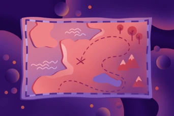 A stylized treasure map featuring landforms, a winding path, trees, and mountains, with an "X" marking a specific location. The background is a gradient of purple with abstract shapes.
