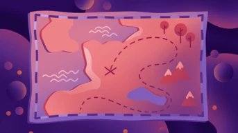 A stylized treasure map featuring landforms, a winding path, trees, and mountains, with an "X" marking a specific location. The background is a gradient of purple with abstract shapes.