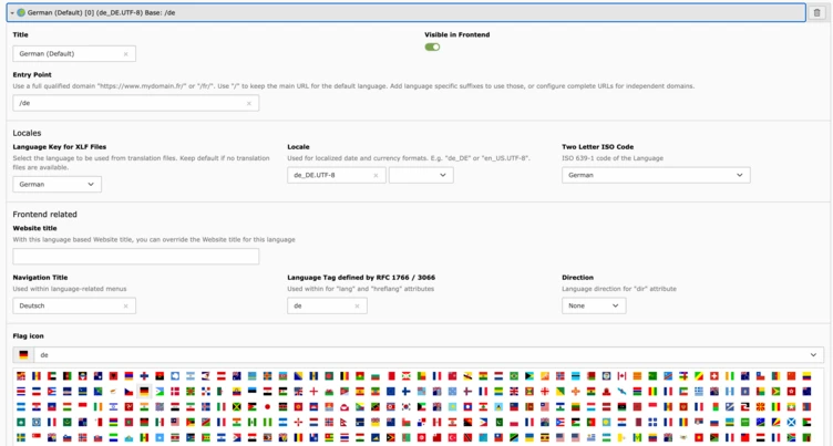 Language settings interface with options for selecting language, entry point, and localization details. Features fields for website title, navigation title, and a grid of flags representing various countries.