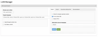 L10N Manager interface displaying options for XML export/import, including target language selection, content filters, and export settings. Options for checking previously exported content and alternative source languages are also visible.