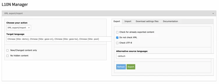 L10N Manager interface displaying options for XML export/import, including target language selection, content filters, and export settings. Options for checking previously exported content and alternative source languages are also visible.