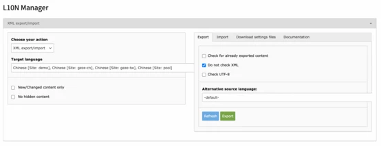 L10N Manager interface displaying options for XML export/import, including target language selection, content filters, and export settings. Options for checking previously exported content and alternative source languages are also visible.