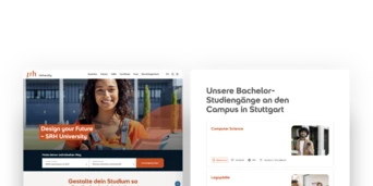 Website layout for SRH University featuring a smiling student, program details, and options for flexible study designs in Stuttgart.